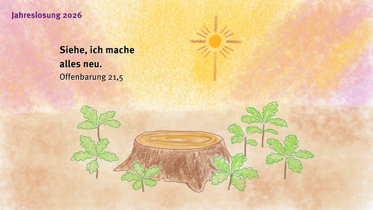 gemaltes Bild. Baumstumpf und Sprösslinge im Sonnenaufgang