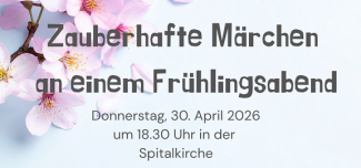 Rosa Kirschblüten und der Schriftzug Zauberhafte Märchen an einem Frühlingsabend
